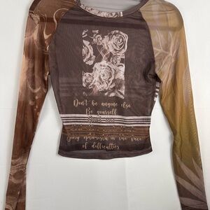 Source Unknown Artistic Brown and Tan Long Sleeve sheer top